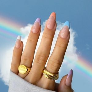 NIB 24pcs Pastel French Manicure Press on Long Nails Set Adhesive Glue Tabs File